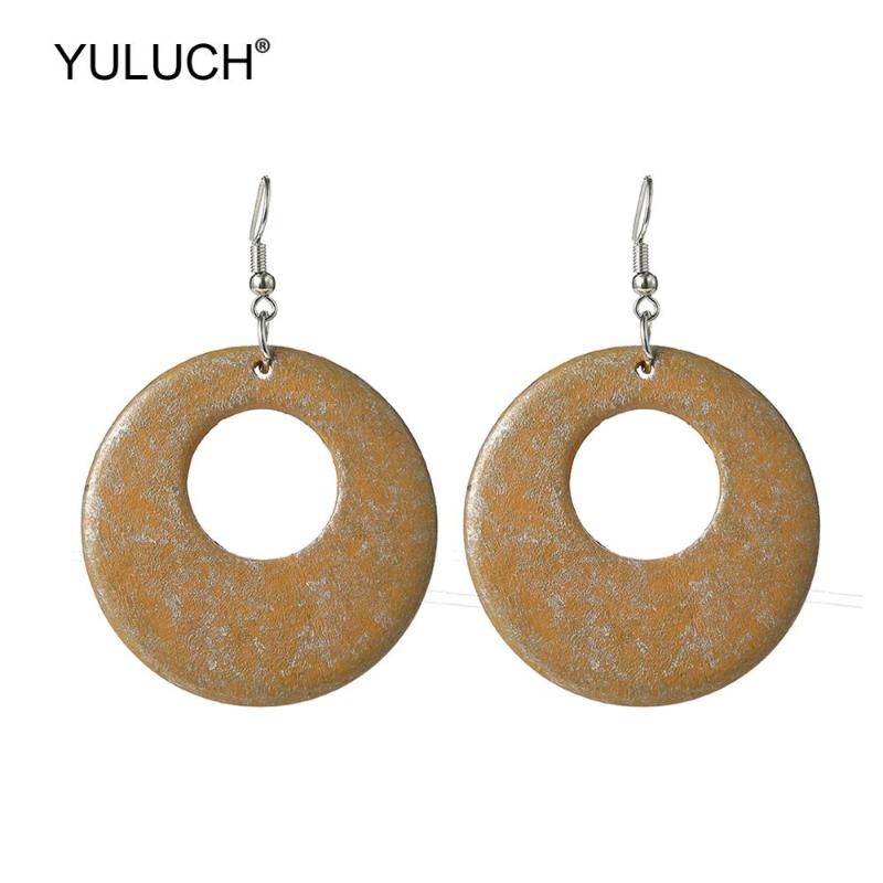 

YULUCH Fashion Jewelry Ethnic Long Big Dangle Earrings Women Vintage Imitation Rust Round Hollow Natural Wooden Pendant Earrings