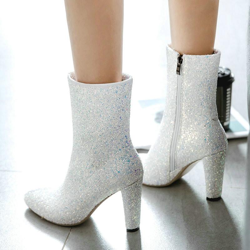 

Women Boots Fashion Sequined Cloth Square High Heel Ankle Boots Sexy Zipper Autumn Winter Shoes Woman 2020 White Black Green