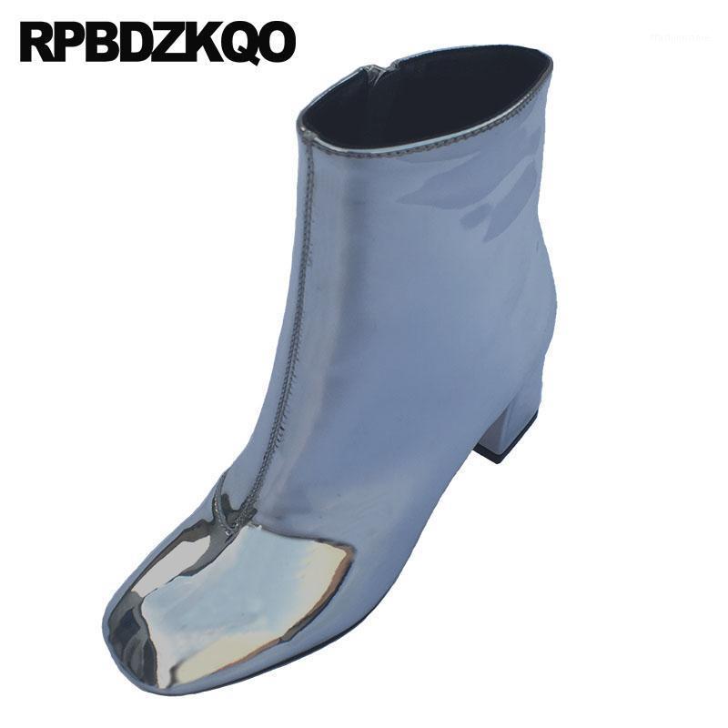 

fall patent leather silver 2021 women square toe warm shoes ladies chunky winter side zip boots ankle fur high heel waterproof1, Black