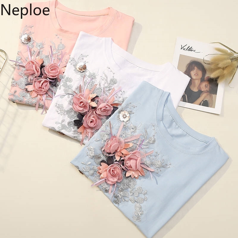 

Neploe Plus Size T Shirt for Women Korean Fashion Embroidery Lace Flower Femme Shirt Tops O Neck Student Loose Casual Tee Tshirt Y200109, White tee