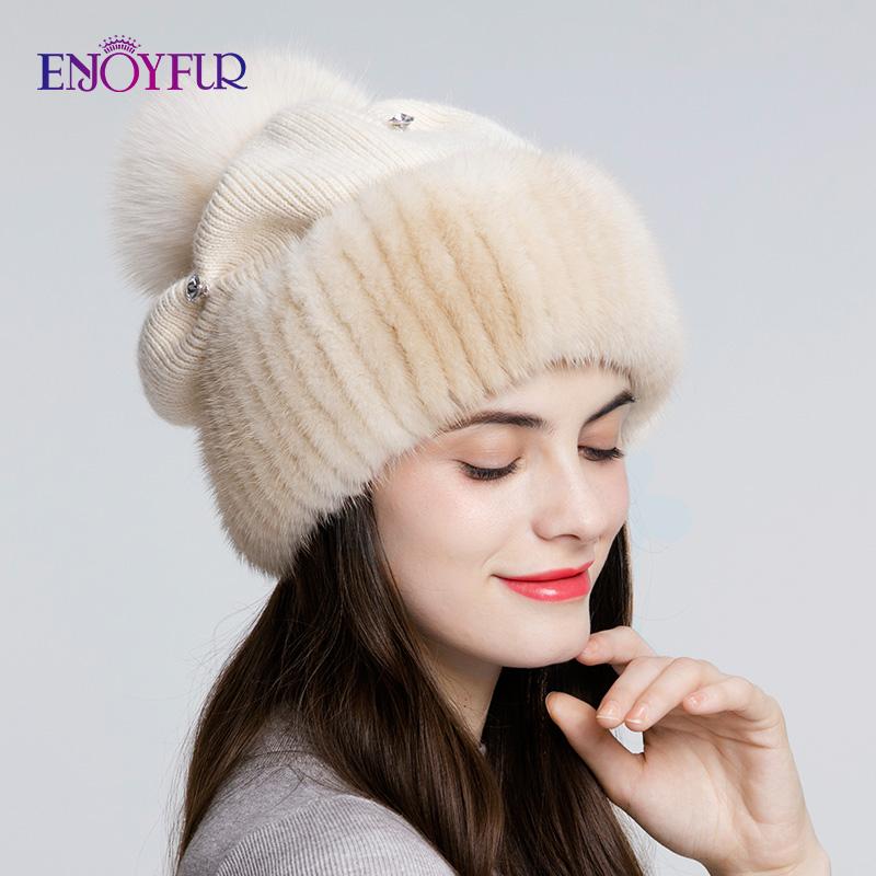 

ENJOYFUR knitted wool hats for women winter thick warm slouchy beanies female caps with fur pom pom, 01