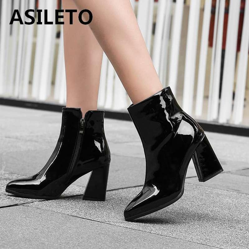 

ASILETO size 43 ankle boots for women Pointed toe Patent leather shoes ladies block heels zipper booties botas mujer bottes, Black