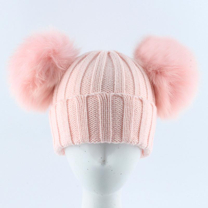 

2020 New Winter Hats For Girls Boys Fur Pompom Hat Baby Kids Beanie Double Pompom Fur Hat Children Knitting Skullies