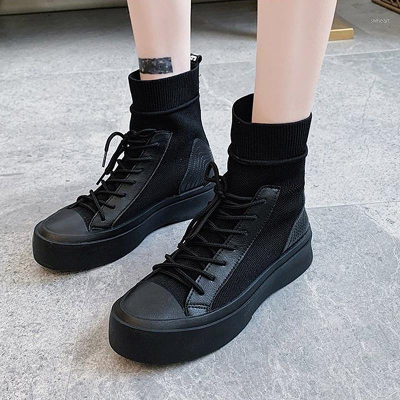 

Women Ankle Boots Autumn Knitted Short Shoes Ladies Lace Up PU Leather Flat Platform Boots 2020 Female1, Beige