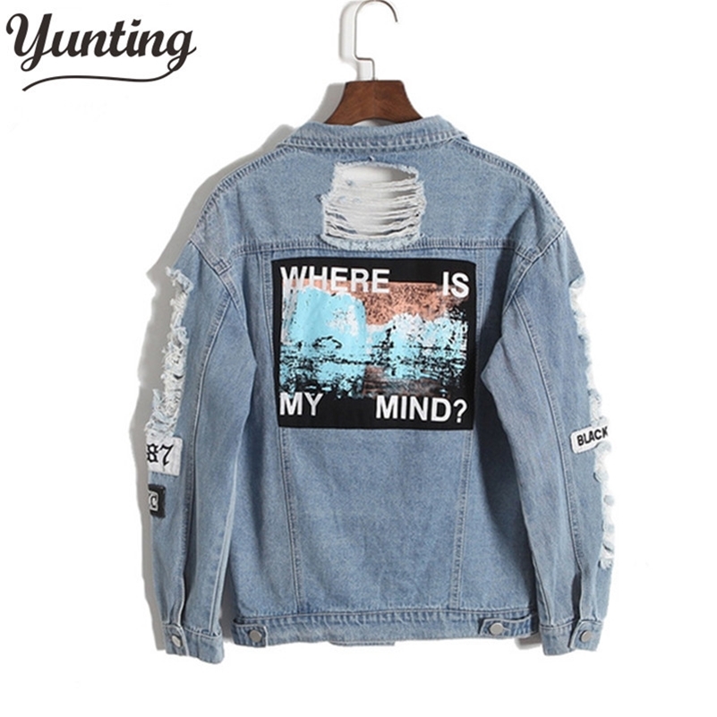

Vintage Fashion Wash Water Distrressed Denim Jacket Embroidery Letter Loose Back Applique BF Denim Coat Hole Outerwear Female 201112, Blue color