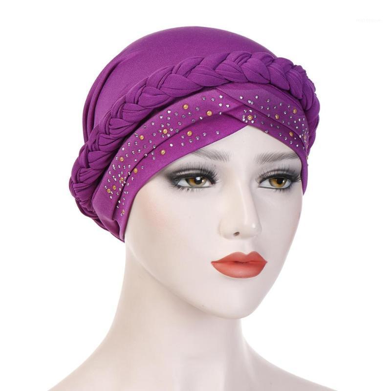 

2pcs/lot women turban hair bonnet cap solid color single braid point-drill hats spandex stretchy head cover caps TJM-TB321, Black