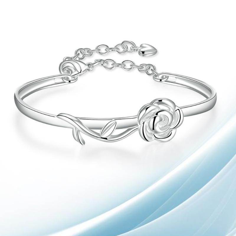 

Silver Plated Bangle Adjustable Rose Flower Bracelets