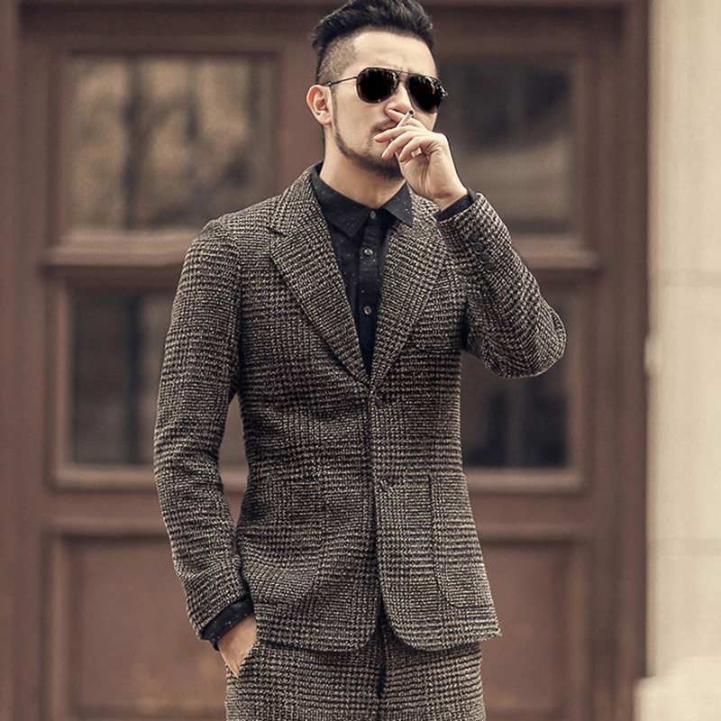 

Winter men new earth color woolen plaid slim leisure metrosexual man casual European style brand fashion suit jacket F196-2