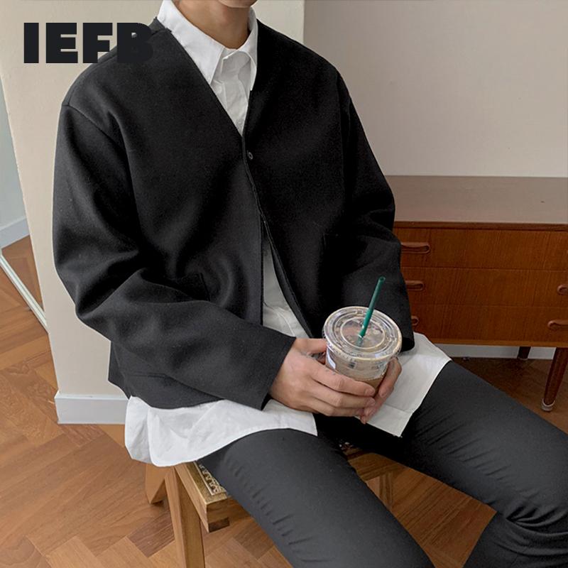 

IEFB / men's wear woolen short jackets autumn Korean fashion coat V-neck long sleeve warm clothes big size long sleeve top Y4245, Black
