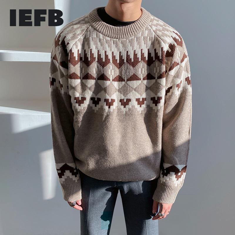 

IEFB autumn winter thickened national style pattern kintwear Korean fashion round neck loose kintted sweater mens clothes 9Y4496, Black