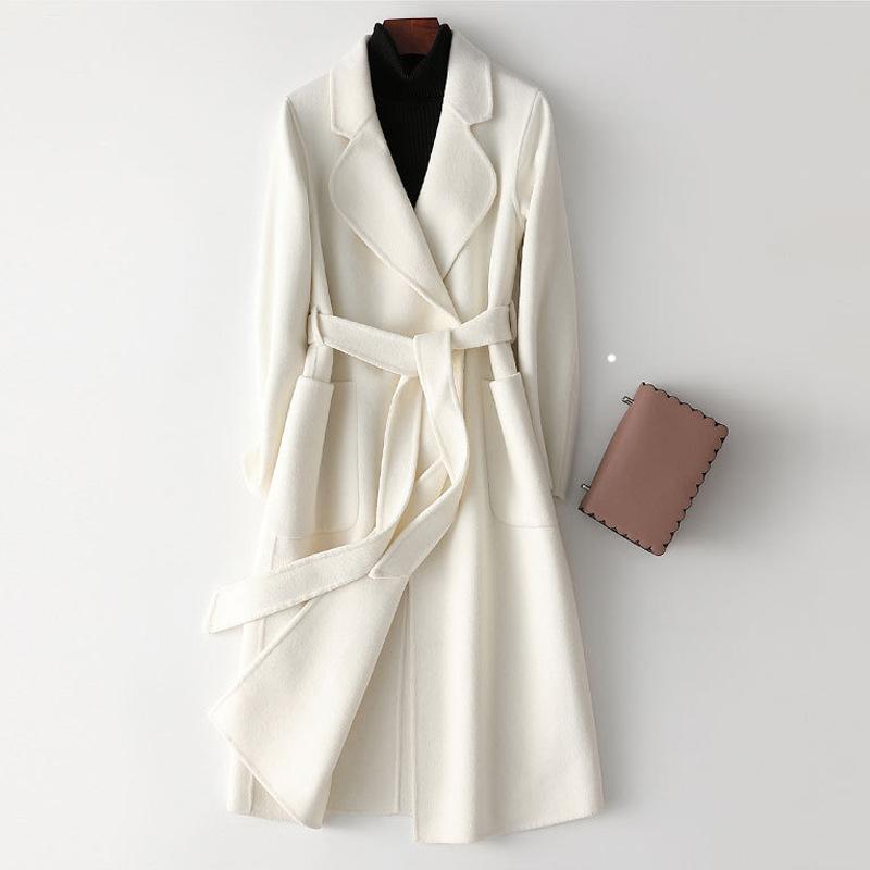 

Fashion Women Woolen Coat 100% Wool Handmade Pure Color Women White Wool Coat With Belt Chaqueta Mujer Femme, Black