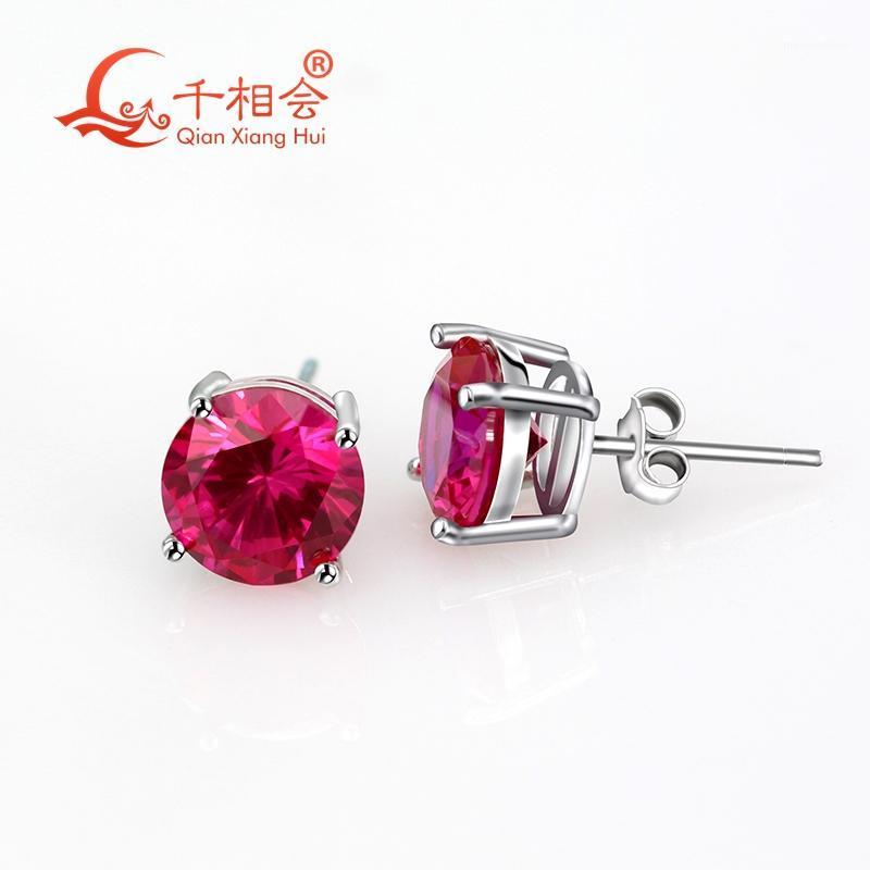 

925 silver corundum pink color round shape 8mm single lab created ruby stone ear stud Earing1