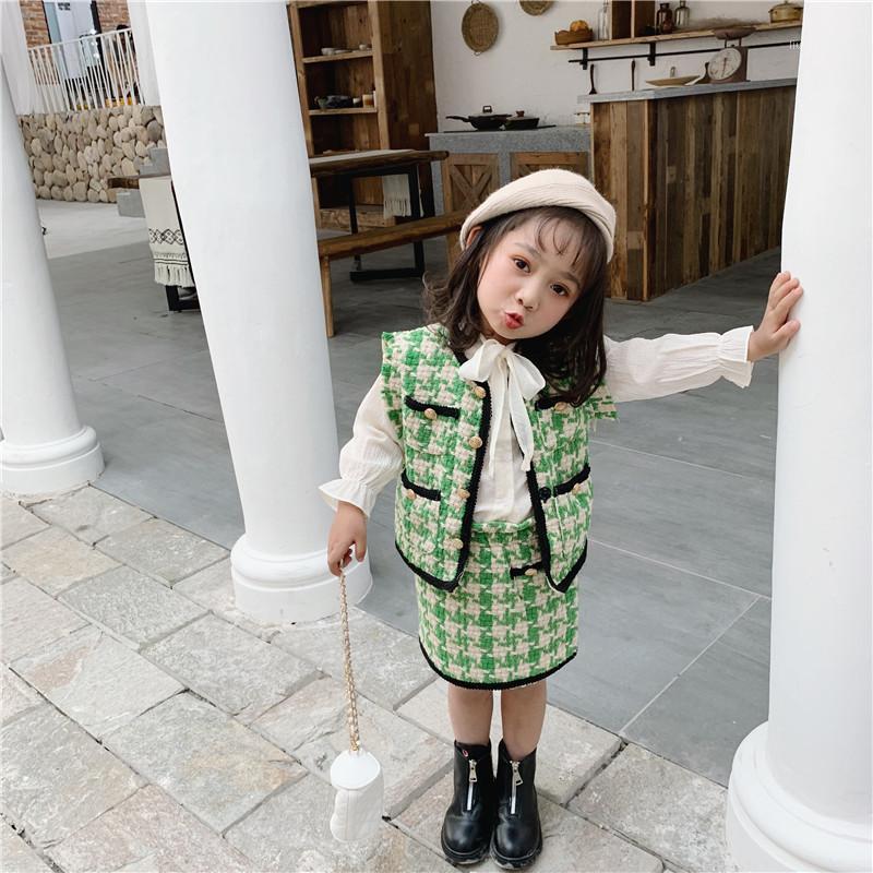 

2020 Autumn New Arrival Korean style clothing sets plaid vest with mini skirt fashion princess suit for sweet baby girls1, Green