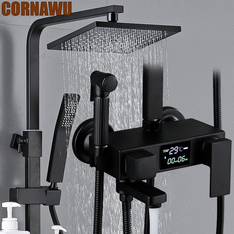 

Bathroom Shower Sets Black Digital System Cold Mixer Faucet Set Wall Mount Square Head SPA Rain Bath Tap Bathtub Torneiras