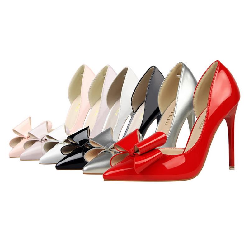 

Women Shoes Bow Knot Thin High Heels Sweet Cute Summer Hollow Elegant Pumps Patent Leather Pointed Toe Ladies Shoes Tacones, As pictures