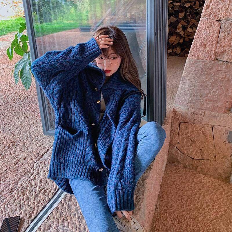 

Women Autumn Winter Red Twist Sweater Coat Jacket Pocket Turn-down Collar Button Up Casual Warm Soft Knitted Cardigan, Beige