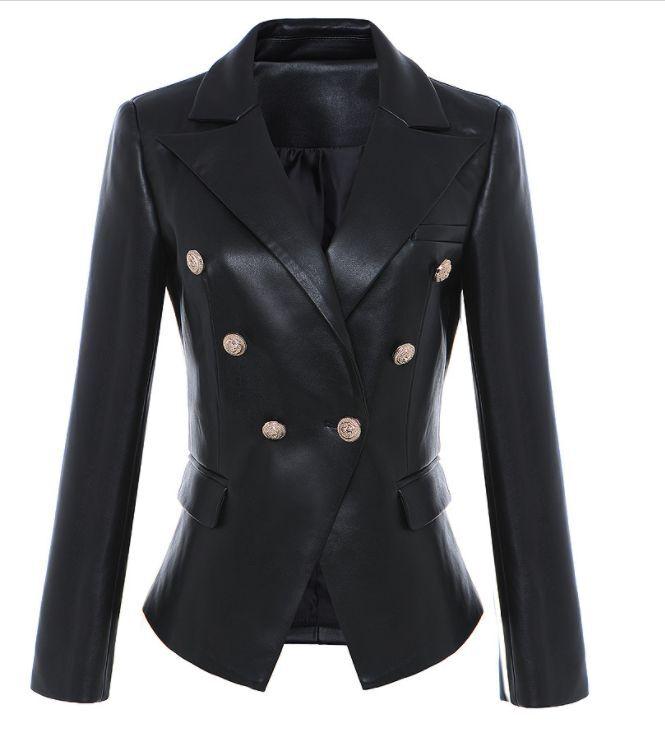 

New Fashion 2020 Classic Designer women black pu leatherette Double Breasted blazers Jacket Women' Blazer Outer, As pic