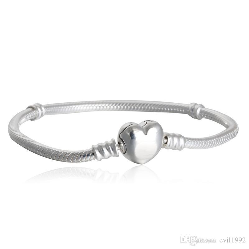

1pcs Drop Shipping Factory Silver Plated Heart Bracelets Snake Chain Fit for pandora Bangle Bracelet Women Children Gift B002