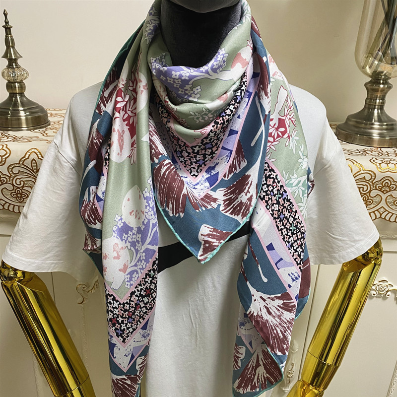 

New style women's square scarf scarves good quality 100% twill silk material green color pint letters floers pattern size 110cm - 110cm