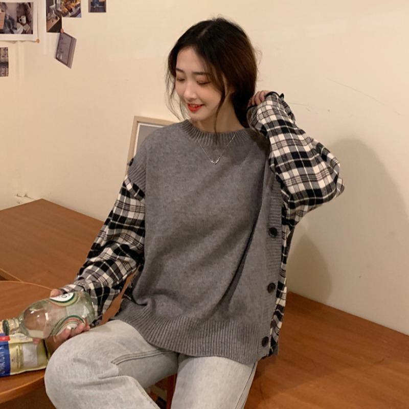 

Autumn Winter 2020 New Korean Version Fake Two Piece Lazy Sweater For Women, Black