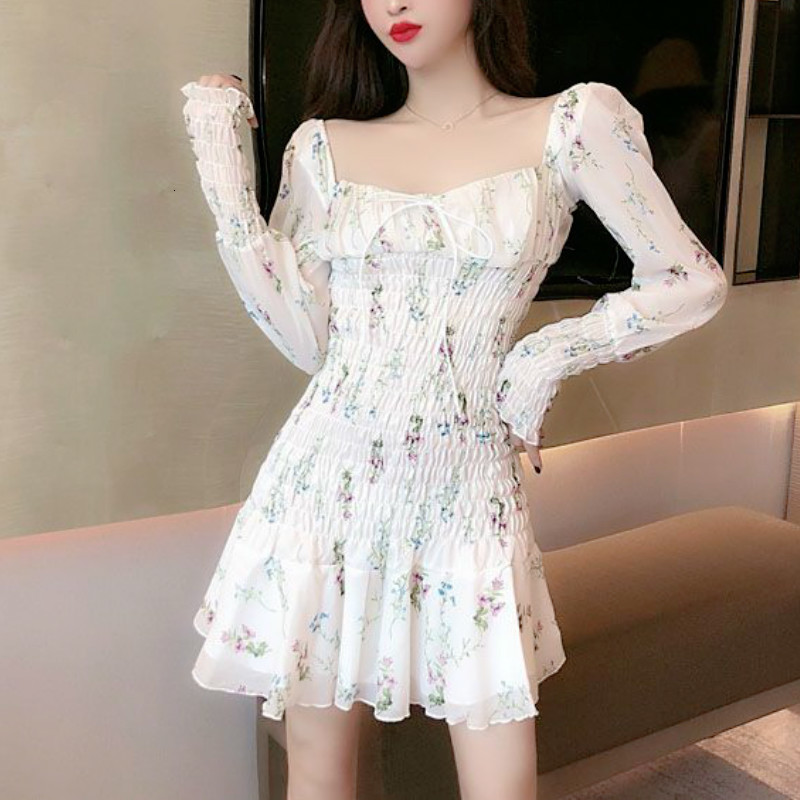 

Spring Dressed in Elegant Floral Print Kawaii Chiffon Party Mini Female Bandage Korean Dress 2021 New Oqob, White