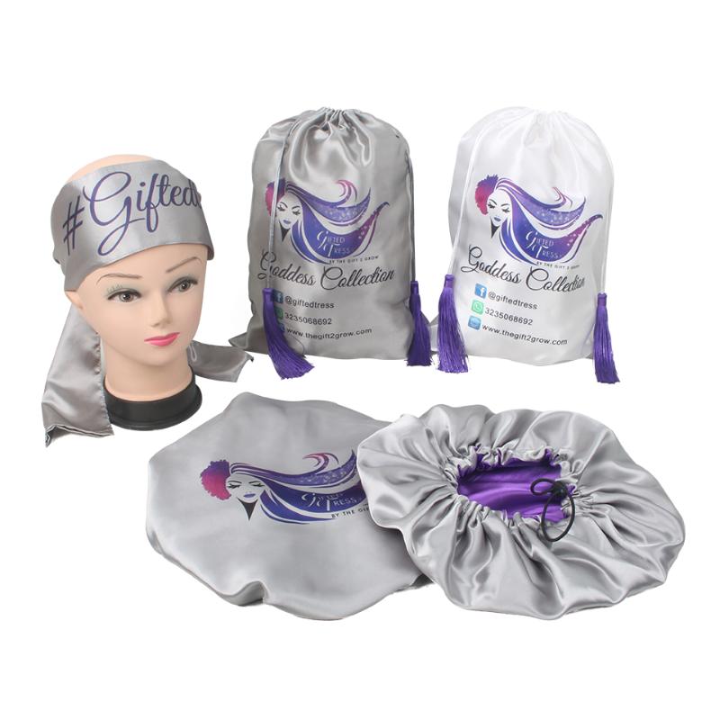 

Luxury Custom Human women hair extensions bundles packaging sets,pillow box,headband,bonnet,wrap stickers,hang tag,satin bag