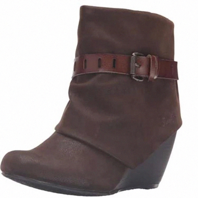 

Vintage Women Ankle Boots Buckle Strap Wedge Heel Boots Solid Zip Up High Heel Short Autumn PU Leather Ladies Shoes #YB11, Black