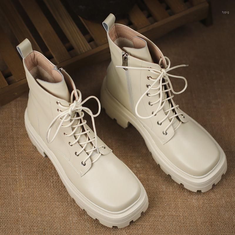 

Women Handmade Genuine Leather Square Toe Chunky Square Heels Short Boots Thick Platform Cross Tied Cow Leather Wool Ankle Boots1, Beige