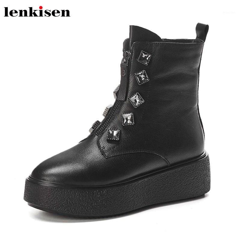 

Lenkisen fashion crystal fasteners Princess style winter genuine leather thick bottom round toe Zip shiny cozy ankle boots L561, Black