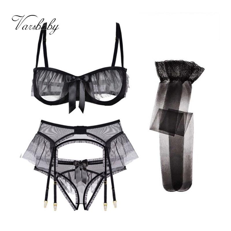 

Varsbaby sexy ruffles 4pcs bras+panties+garters+stockings yarn transparent unlined S M L XL underwear set, White