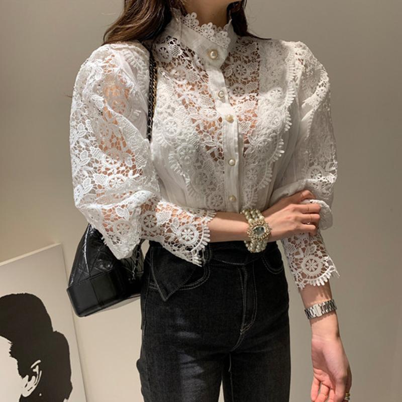 

Women's Blouses & Shirts JSXDHK Fashion Chic Autumn Lace Sheer Pearl Button Blouse Vintage Sexy Lantern Sleeve Patcwhork Hollow Out White