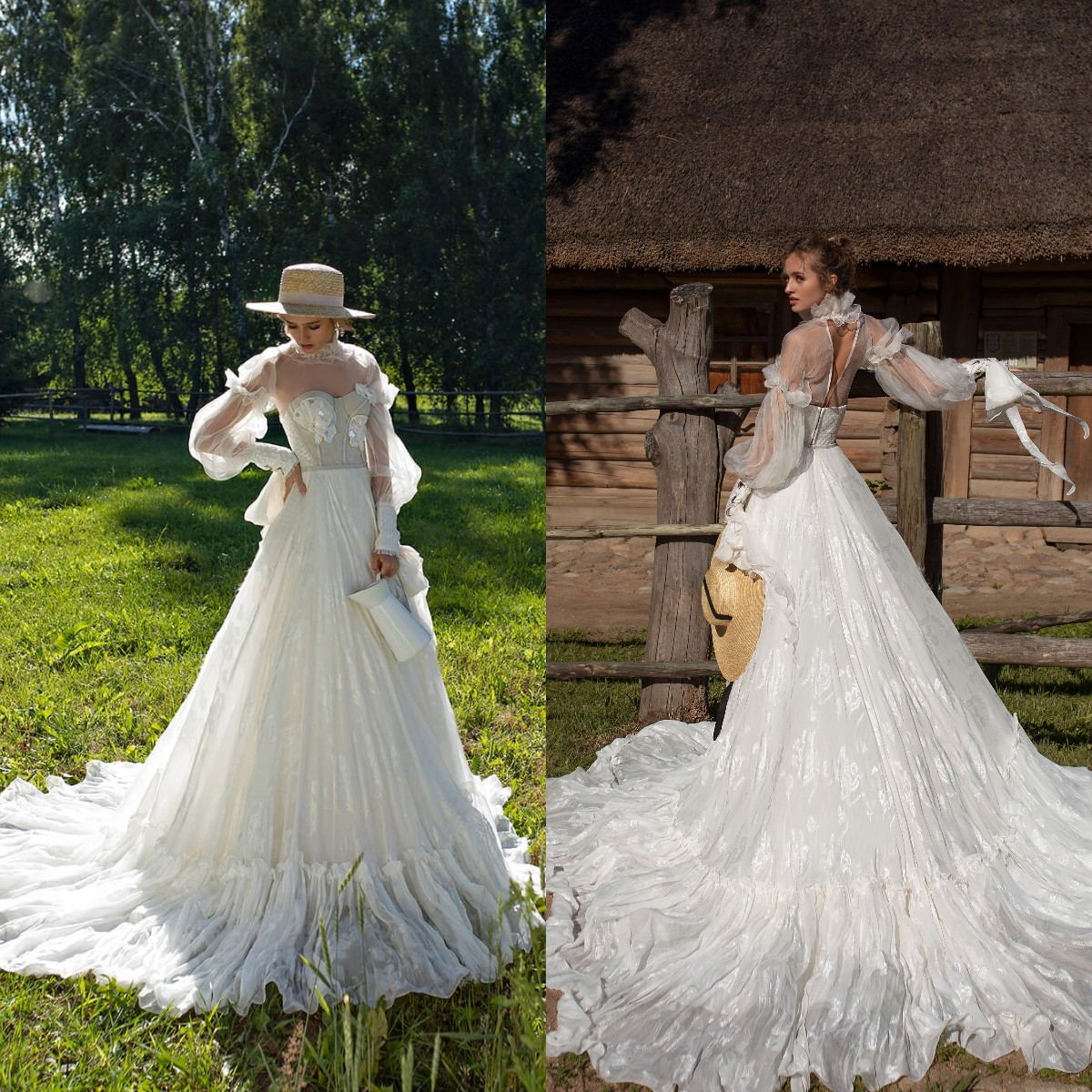 

2021 New Wedding Dresses High Collar Long Sleeves Lace Appliques Modern Bridal Gowns Custom Made Sweep Train A-Line Wedding Dress, Ivory