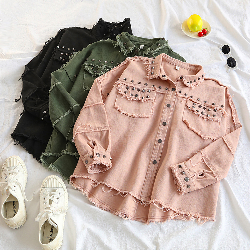 Spring Rivet Denim Jacket Casual Loose jeans jacket women Long Sleeve Plus size women Bomber jacket Autumn women's denim Coat 201112Z