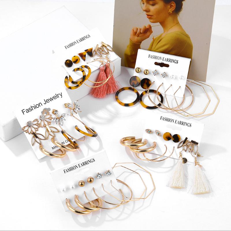 

EN Bohemian Fashion Pearl Earrings Set Ladies Tassel Leopard Acrylic Earrings Ladies Studs Accessories Gift