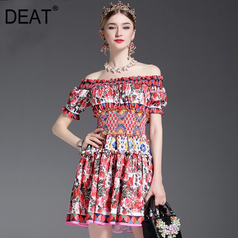 

DEAT] Beach Style Dress Slash Neck Short Sleeve High Waist Elastic Floral Pattern Colorful Elegant New Summer Fashion AM266, Red