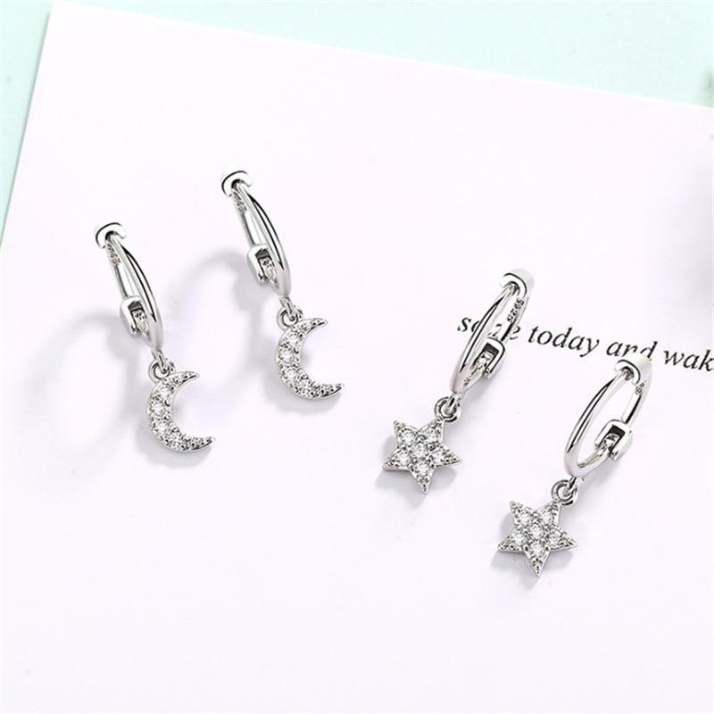

Tibetan Sliver 2020 Women's Earring Moon Star Asymmetrical Statement Earings Fashion Jewelry Korean Brinco CZ Stones SE7491