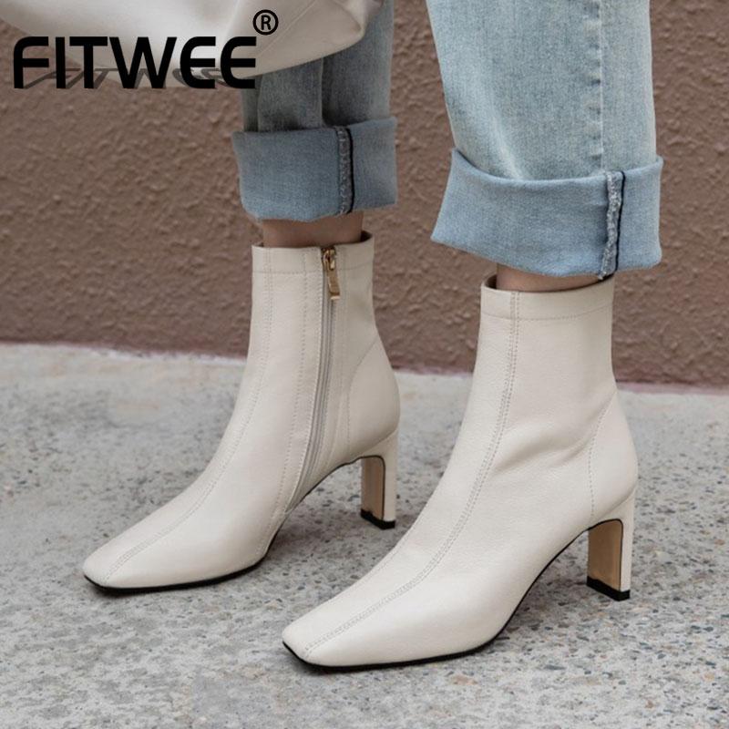 

FITWEE Size 33-42 Women Real Leather Shoes Fashion Ankle Boots High Heel Winter Shoes Women Warm Office Lady Footwear, Beige