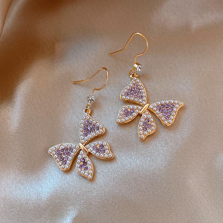 

2020 Korea Hot Selling Fashion Jewelry High Quality Butterfly Purple Pearl Crystal Female Elegant dangel Earrings