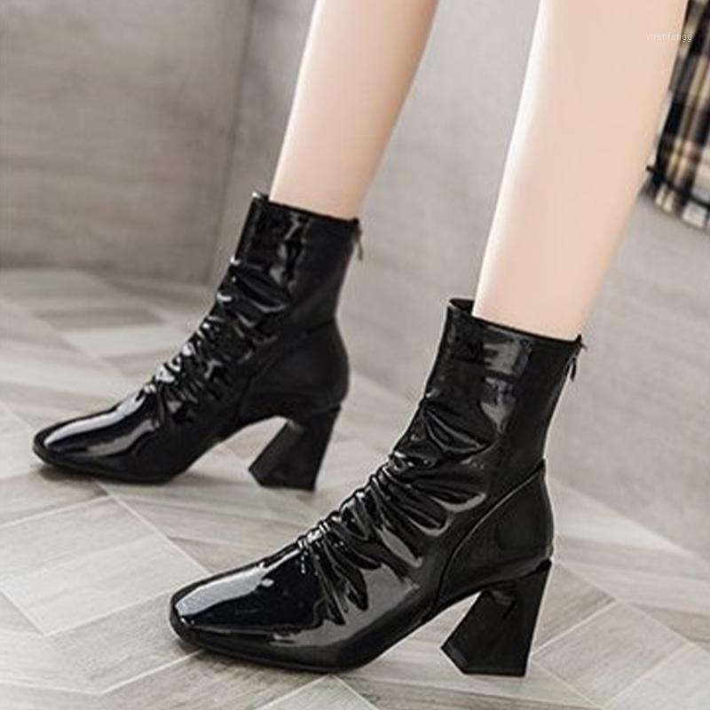 

Winter Boots For Women Square Toe Ladies Slip-on Footwear Female Pu Leather Fashion Short Plush Female Zipper Botas Mujer 20211, Black