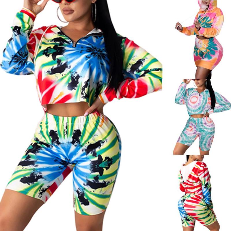 

New Fashion Women Home Sportswear Long Sleeve Hooded Crop Tops and Elastic Waist Shorts Skinny Tie Dyeing Fitness Two Piece Sets, Blue