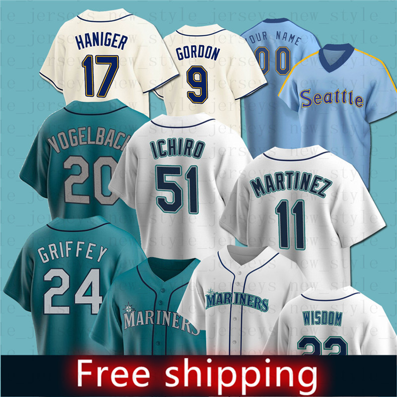 

24 Ken Griffey Jr Seattle''Mariners''Baseball Jersey 22 Robinson Cano 51 Ichiro Suzuki Edgar Mitch Haniger Yusei Kikuchi Custom Jerseys, Men(shui shou)