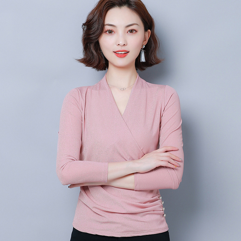 

New Long Sleeve Women T Shirt Casual V-neck Slim Autumn Winter Women Tees Tops Ladies Clothes 201125, Black