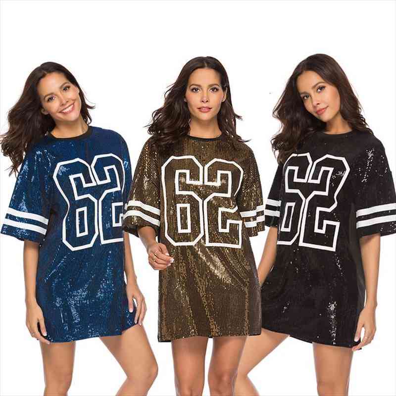 

Girl Sequins Gold Dress Summer Women Sexy Half Short T Shirt Dress Evening Party Elegant Club Number Stripes Vestidos, Black;gray