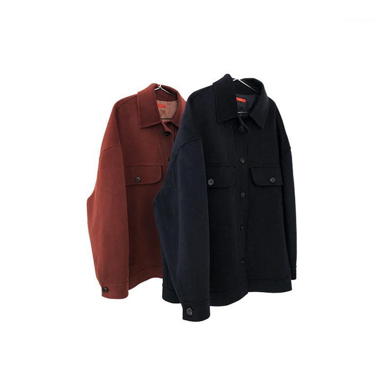 

2020 Autumn And Winter New Fashion Lapel Pocket Jacket Wool Double Sided Woolen Loose Woolen All Match Jacket Female C1681, Navy blue