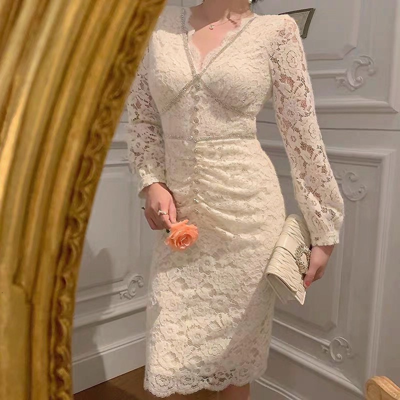 

New 2021-autumn Elegant Female Lace Mid-length Dresses Thin Sexy with Low-v-solid Cleavage Dressed As Lady' Chic Chain Party W2i5, Beige