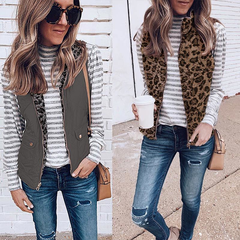 

Winter Reversible Leopard Women Vest Coat Sleeveless Fluffy Outwear Female Thicken Fashion Warm Pocket Waistcoat Woman 210204, Gray