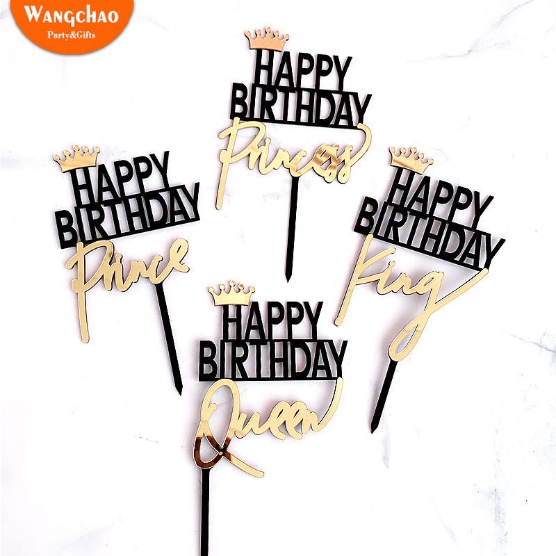 

Gold Crown Queen King Princess Prince Black Acrylic Happy Birthday Cake Topper Child Adult Favors Party Supplies Cake Decoration