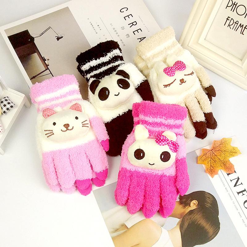 

Female Winter Warm Cute Cartoon Panda Cat Bow Knit Gloves Girl Women Fashion Coral Fleece Full Finger Mittens Gloves