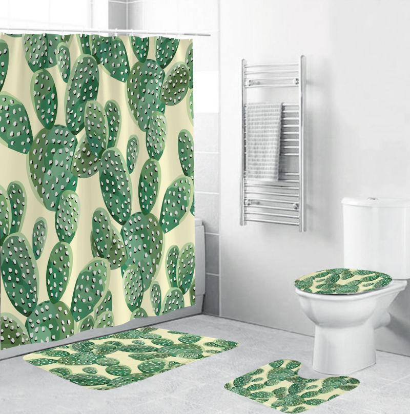 

Plant Cactus Printing Bathroom Waterproof Shower Curtain Set Pedestal Rug Lid Carpet Toilet Cover Set Bath Curtain Mat