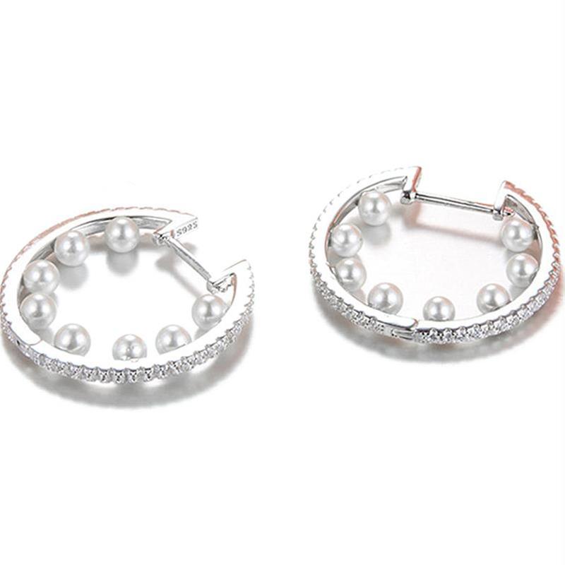 

MeiBaPJ]Round Pearl Real 925 Sterling Silver Earrings for Women Cubic Zircon Crystal Circle Earrings Fine Jewelry Gift